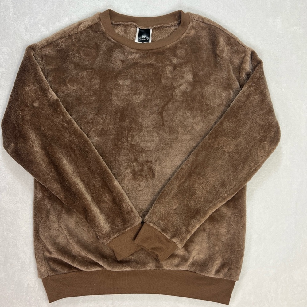 Disney Mickey Mouse Women’s Velour Sweatshirt Brown Soft Long Sleeve Size Medium